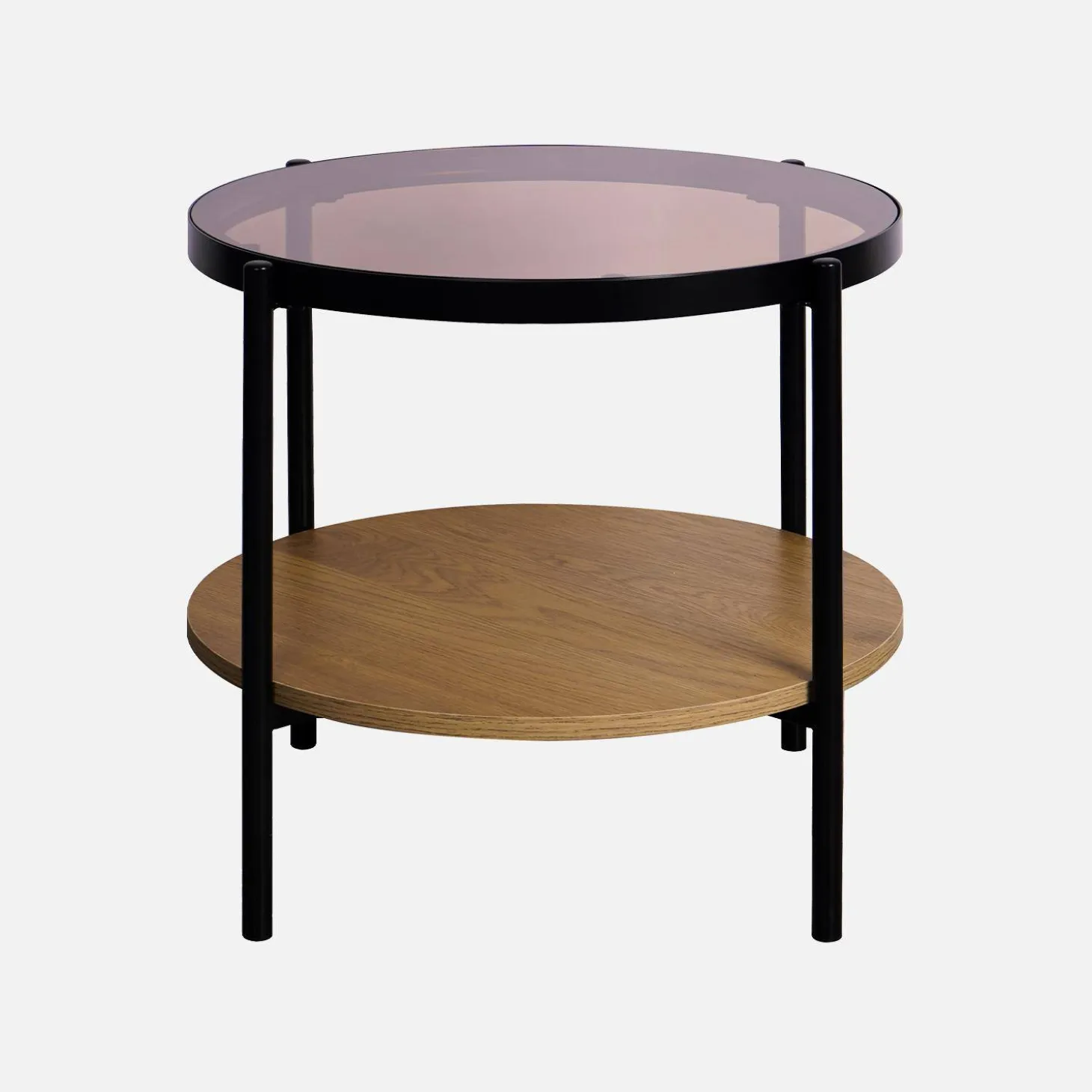 Mesa lateral redonda em vidro temperado, efeito de madeira