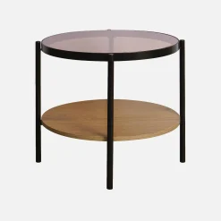 Mesa lateral redonda em vidro temperado, efeito de madeira