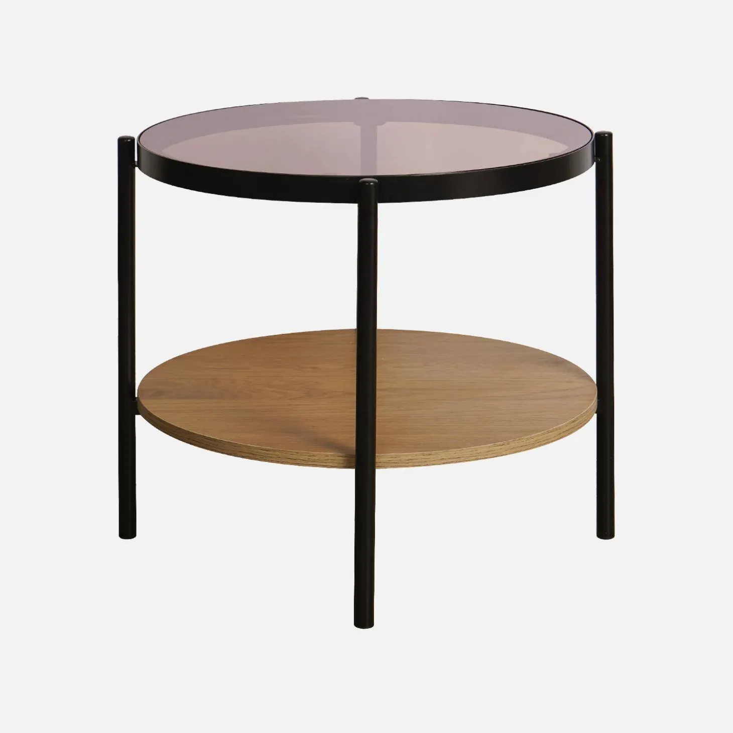 Mesa lateral redonda em vidro temperado, efeito de madeira
