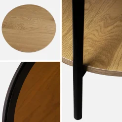 Mesa lateral redonda em vidro temperado, efeito de madeira