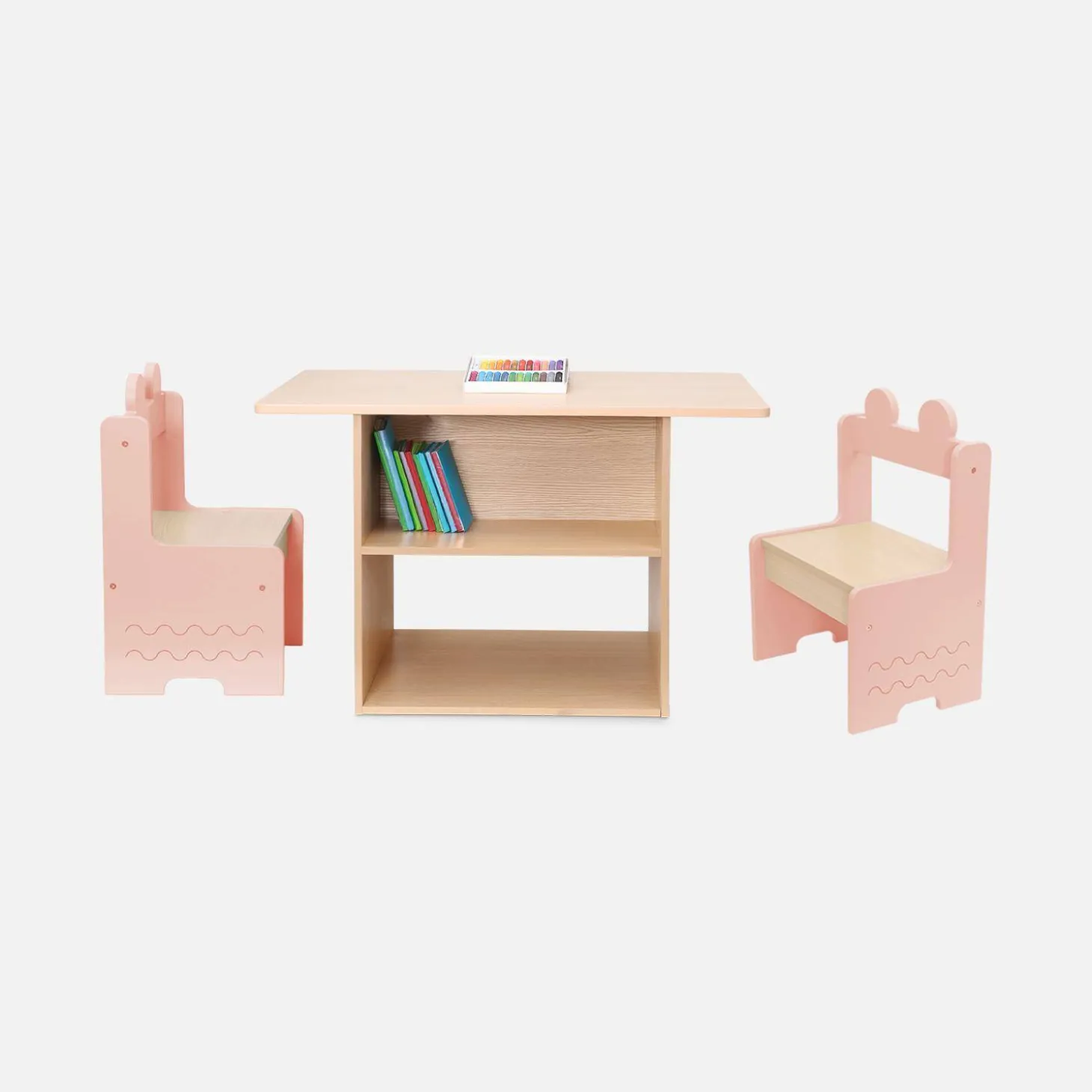 Mesa para crianças + 2 cadeiras, com prateleiras