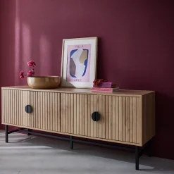 Móvel de TV com efeito de madeira ranhurada, 160cm