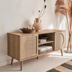 Móvel de TV com efeito madeira e cana arredondada, 120cm