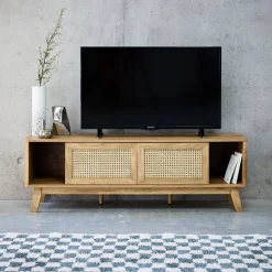 Móvel de TV com efeito madeira e cana, 150cm