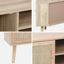 Móvel de TV, efeito de madeira e cana de 2 portas, 115cm