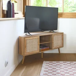 Móvel de TV, efeito de madeira e cana de 2 portas, 115cm