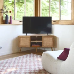 Móvel de TV, efeito de madeira e cana de 2 portas, 115cm