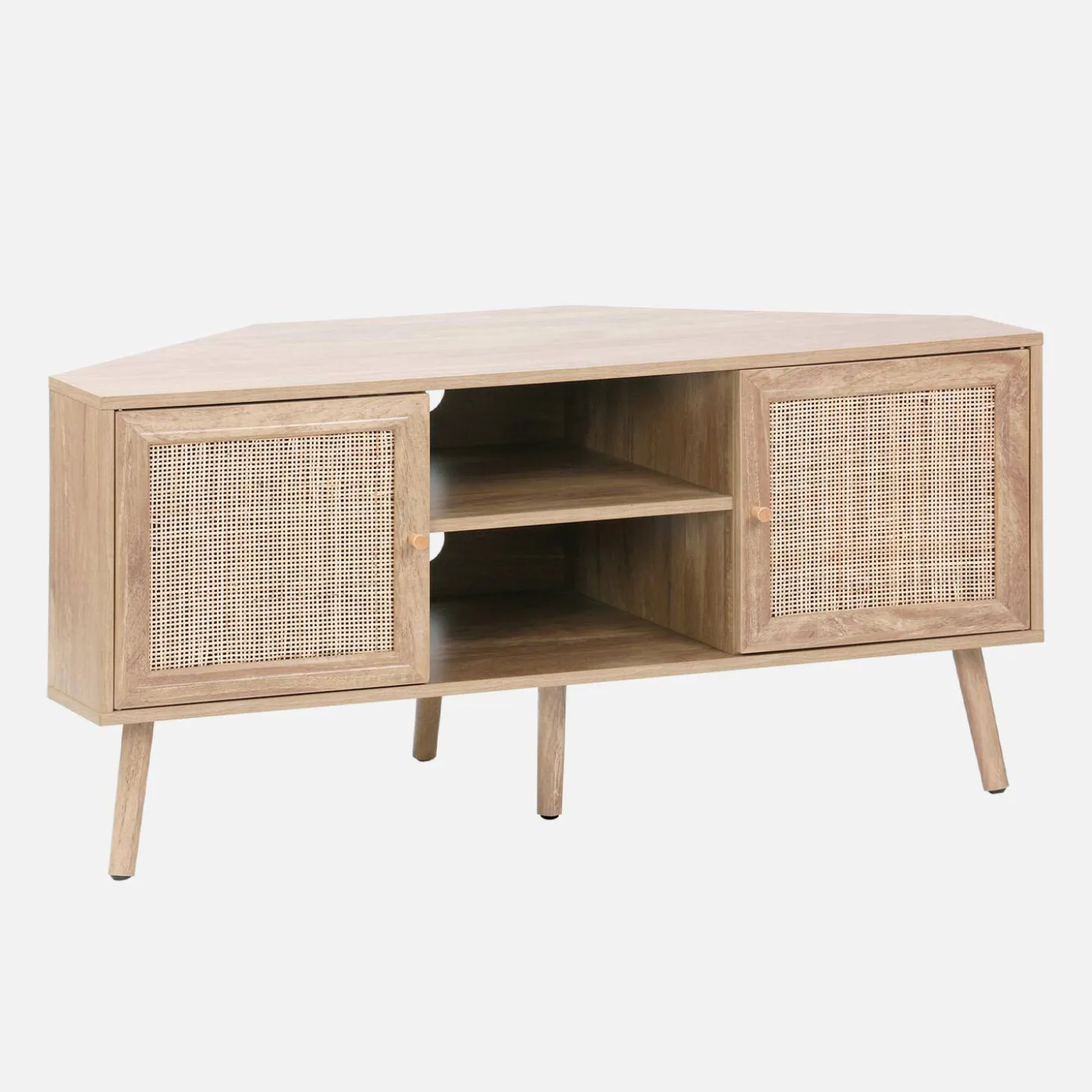 Móvel de TV, efeito de madeira e cana de 2 portas, 115cm