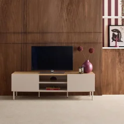 Móvel de TV em metal e decoração em madeira com 2 portas, 140cm