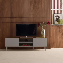 Móvel de TV em metal e decoração em madeira com 2 portas, 140cm