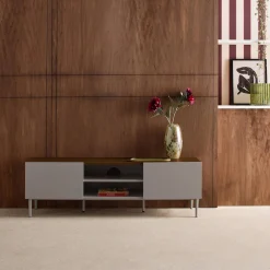 Móvel de TV em metal e decoração em madeira com 2 portas, 140cm