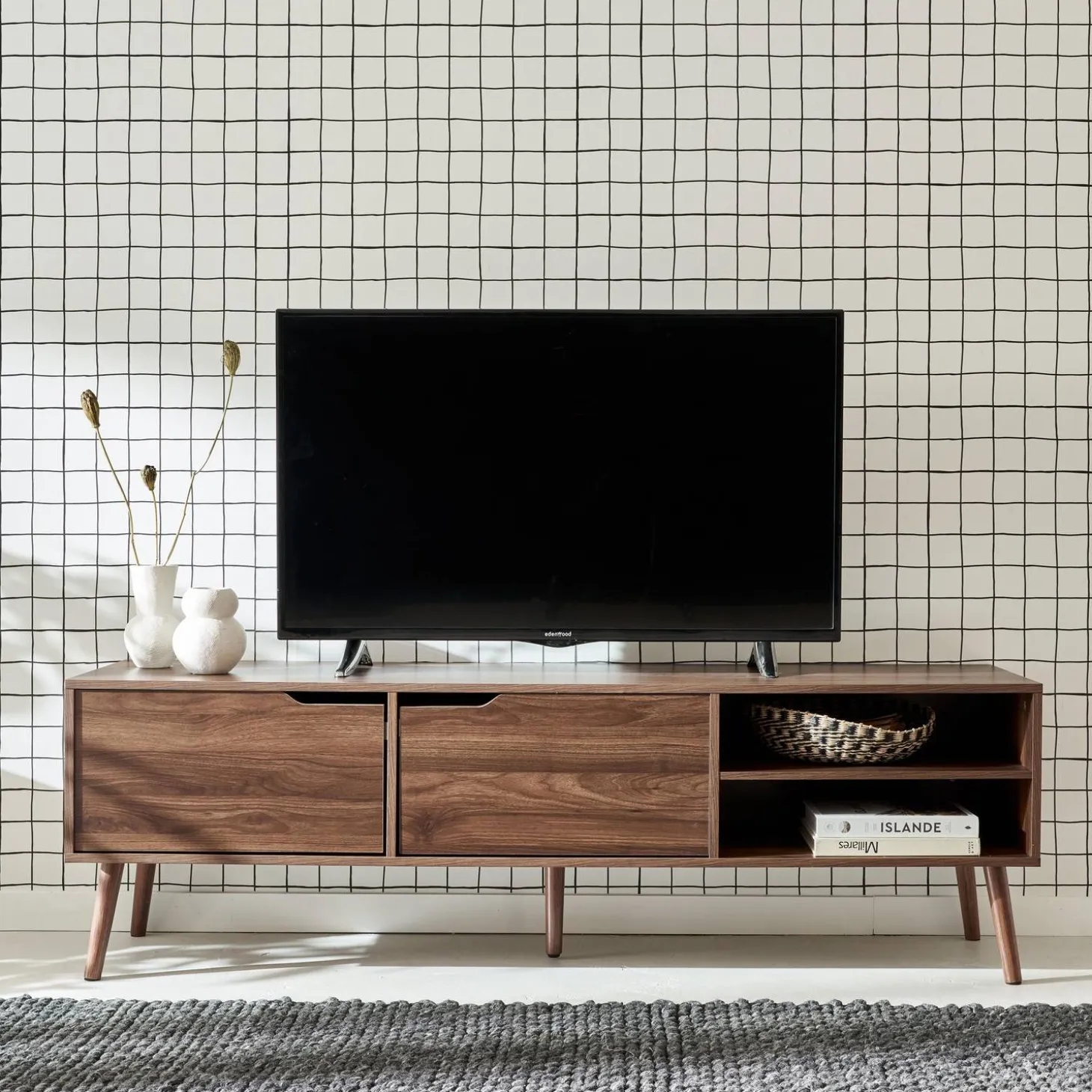 Móvel de TV estilo madeira nogueira de 2 portas, 160cm