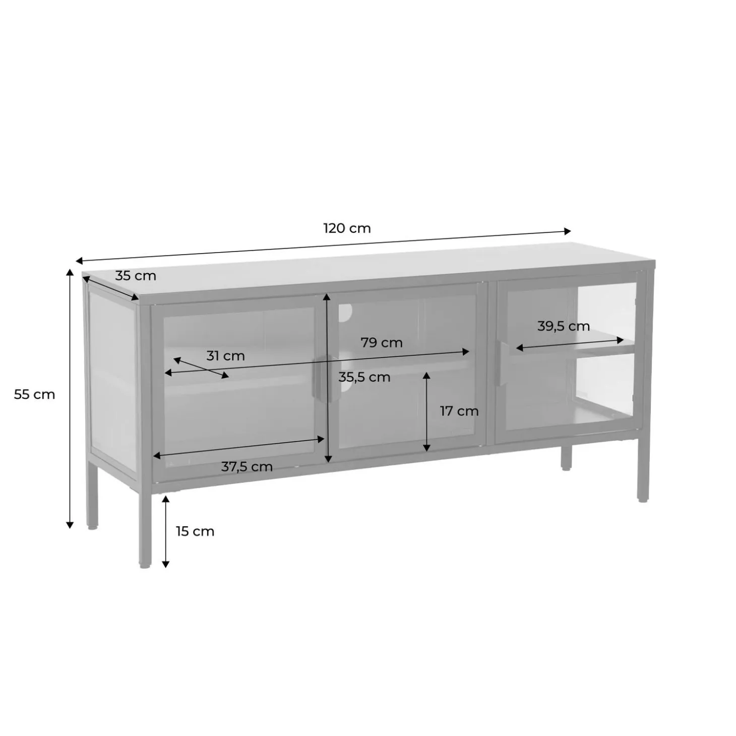 Móvel de TV industrial em metal e vidro com 3 portas, 120cm
