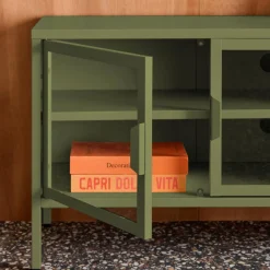 Móvel de TV industrial em metal e vidro com 3 portas, 120cm
