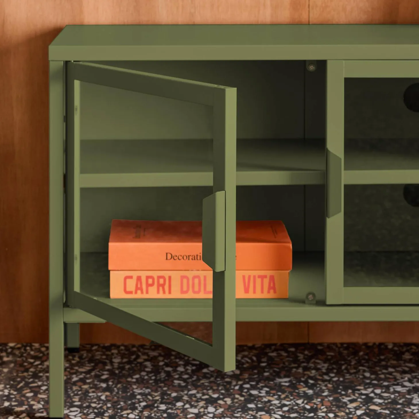 Móvel de TV industrial em metal e vidro com 3 portas, 120cm