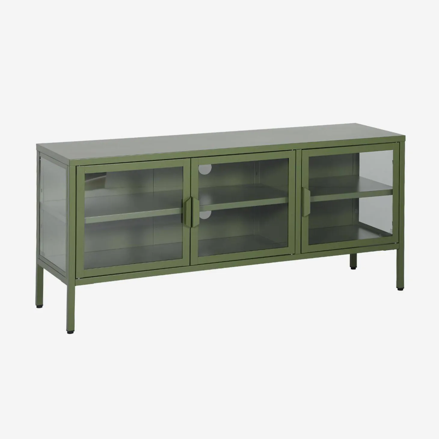 Móvel de TV industrial em metal e vidro com 3 portas, 120cm