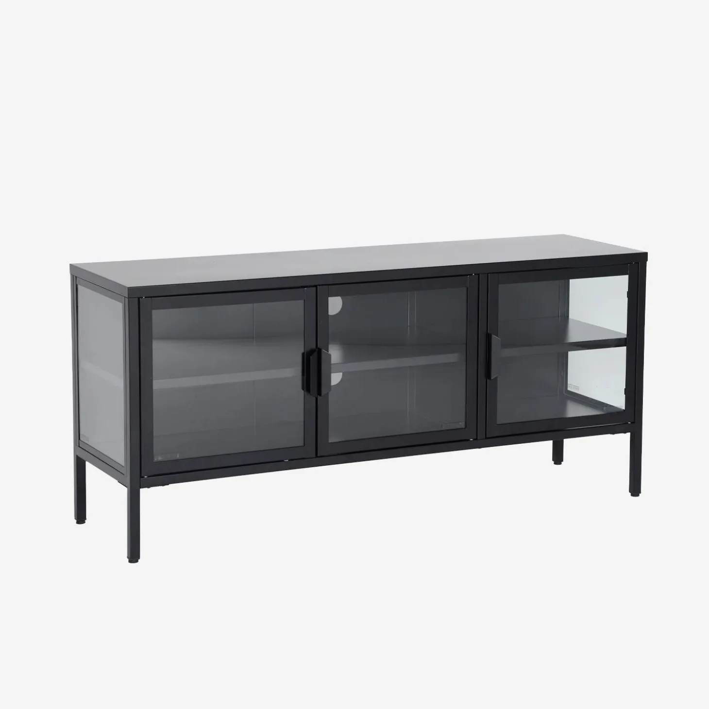 Móvel de TV industrial em metal e vidro com 3 portas, 120cm