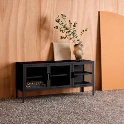 Móvel de TV industrial em metal e vidro com 3 portas, 120cm