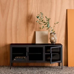 Móvel de TV industrial em metal e vidro com 3 portas, 120cm