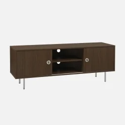Móvel de TV vintage com acabamento em madeira e aço inoxidável de 2 portas, 140cm