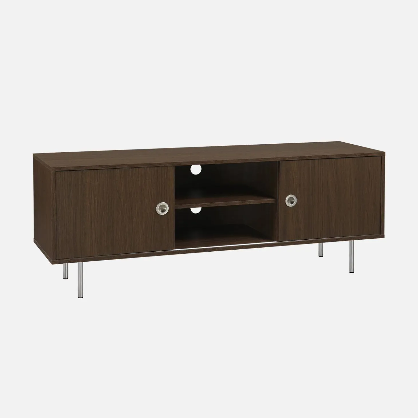 Móvel de TV vintage com acabamento em madeira e aço inoxidável de 2 portas, 140cm