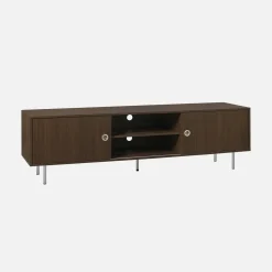 Móvel de TV vintage com acabamento em madeira e aço inoxidável de 2 portas, 180cm
