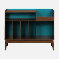 Móvel de vinil vintage bicolor com decoração em madeira e fundo colorido, 100cm