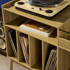 Móvel para vinil vintage com efeito madeira