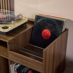 Móvel para vinil vintage com efeito madeira e divisórias