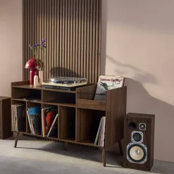 Móvel para vinil XL vintage efeito madeira escura, 130cm