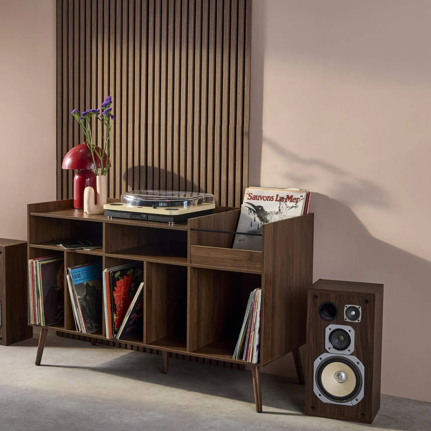 Móvel para vinil XL vintage efeito madeira escura, 130cm