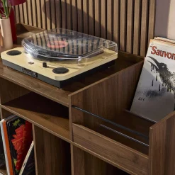 Móvel para vinil XL vintage efeito madeira escura, 130cm