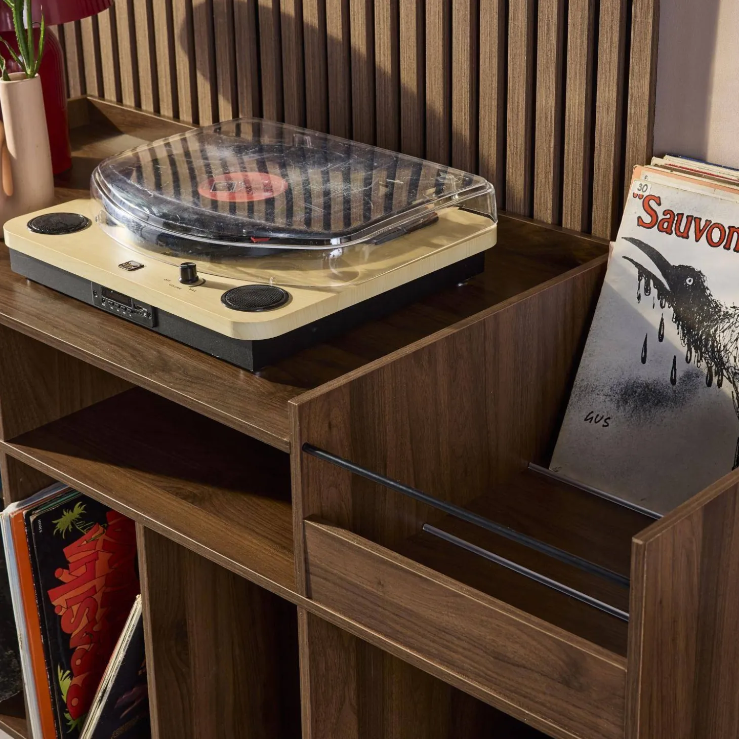 Móvel para vinil XL vintage efeito madeira escura, 130cm