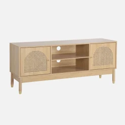 Móvel TV decorativo madeira e palha 2 portas, 140cm