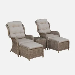 Poltrona de jardim com apoio para pés redondo em resina trançada, set de 2