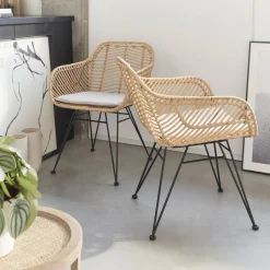 Poltrona em rotim natural e metal, set de 2