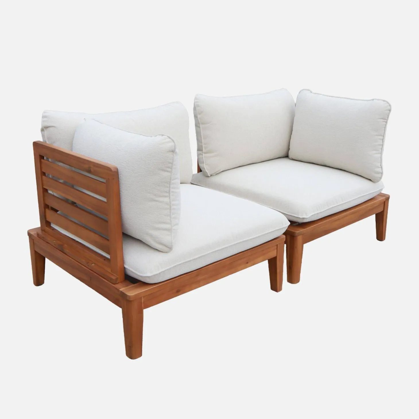 Poltrona modular de jardim em madeira de acácia e bouclé com braços, 2 lugares