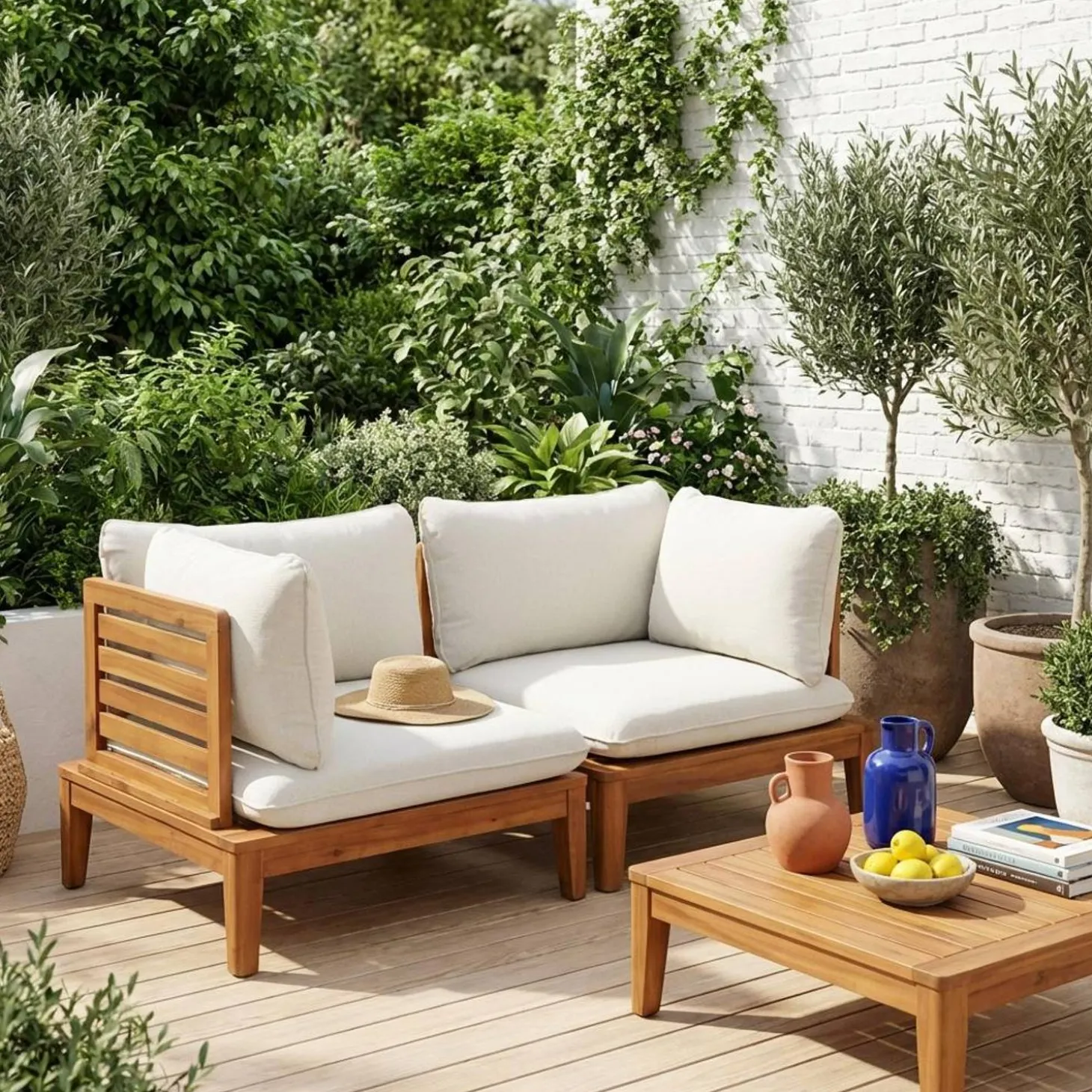 Poltrona modular de jardim em madeira de acácia e bouclé com braços, 2 lugares