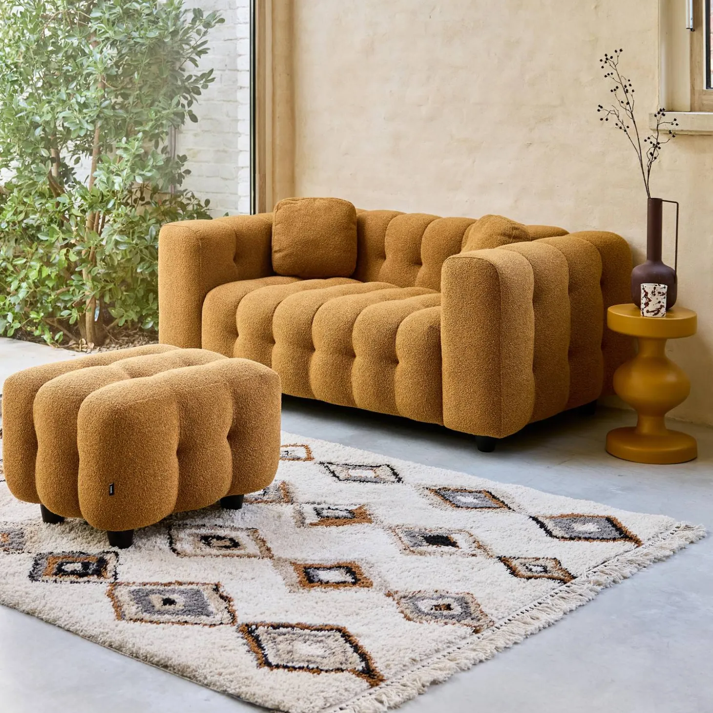 Pouf, banquinho boucle texturada para sofá 2 lugares