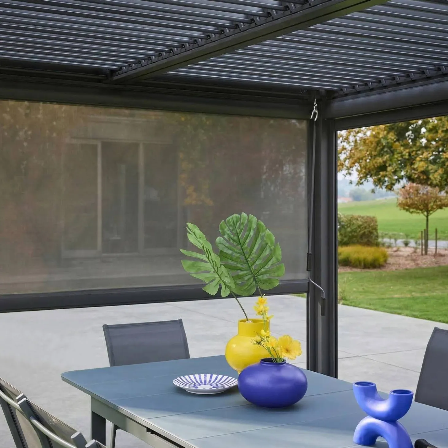 Pérgola bioclimática, alumínio e aço, 3x4m com estore 3m + estore 4m