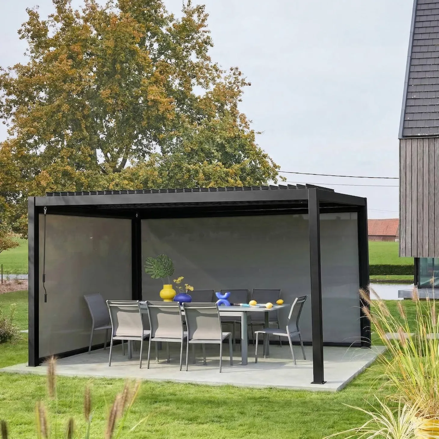 Pérgola bioclimática, alumínio e aço, 3x4m com estore 3m + estore 4m