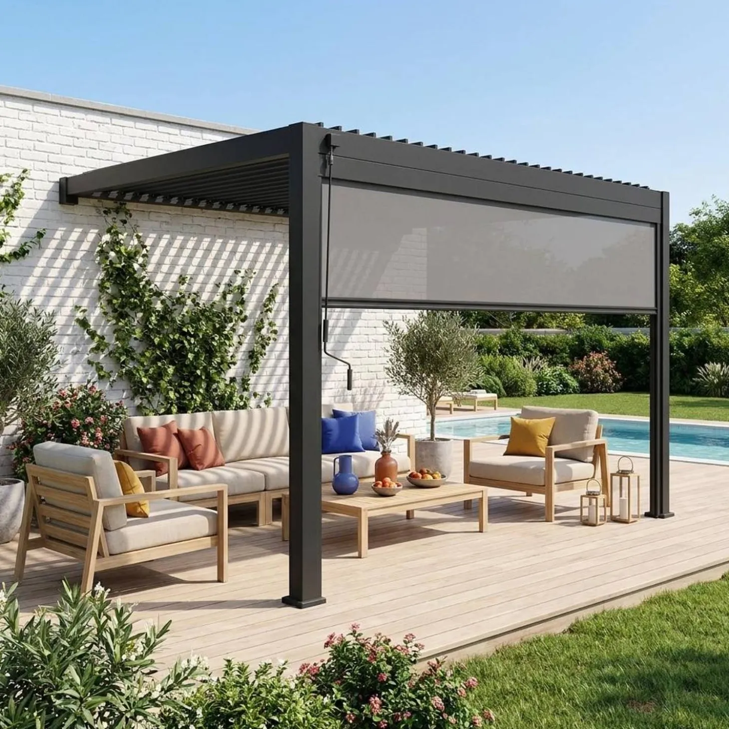 Pérgola bioclimática de alumínio encostada 3x4m + 1 estore 4m