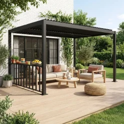 Pérgola bioclimática de alumínio e aço 3x3m + barra 3m