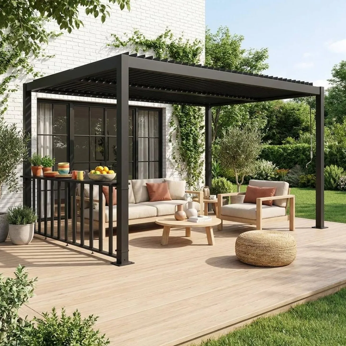 Pérgola bioclimática de alumínio e aço 3x3m + barra 3m