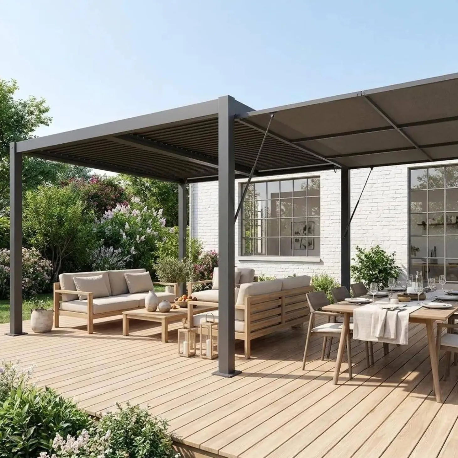 Pérgola bioclimática de alumínio e aço 3x4m + estore 4m