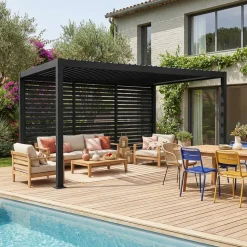 Pérgola bioclimática de alumínio e aço 3x4m + 3 persianas 1.3m