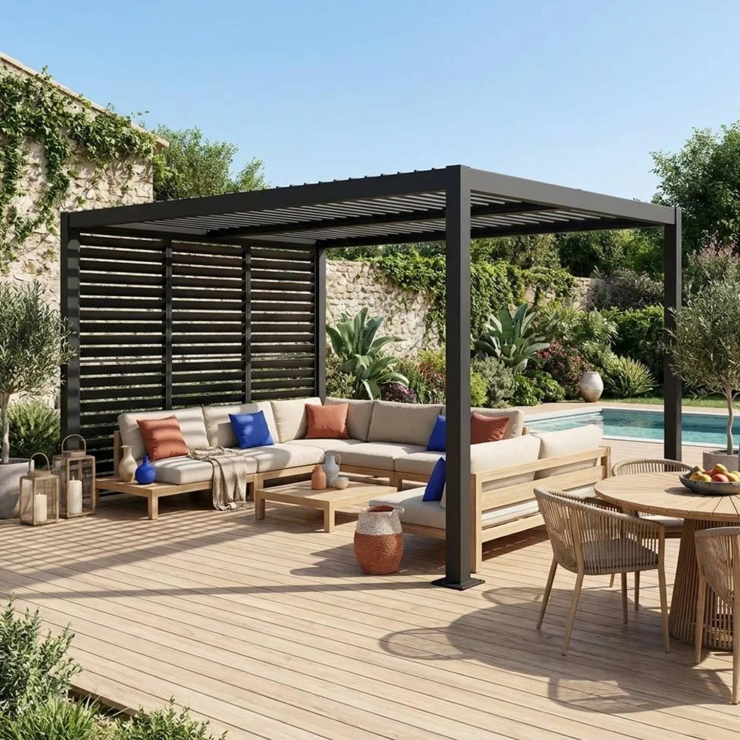 Pérgola bioclimática de alumínio e aço 3x4m + 3 persianas 100cm