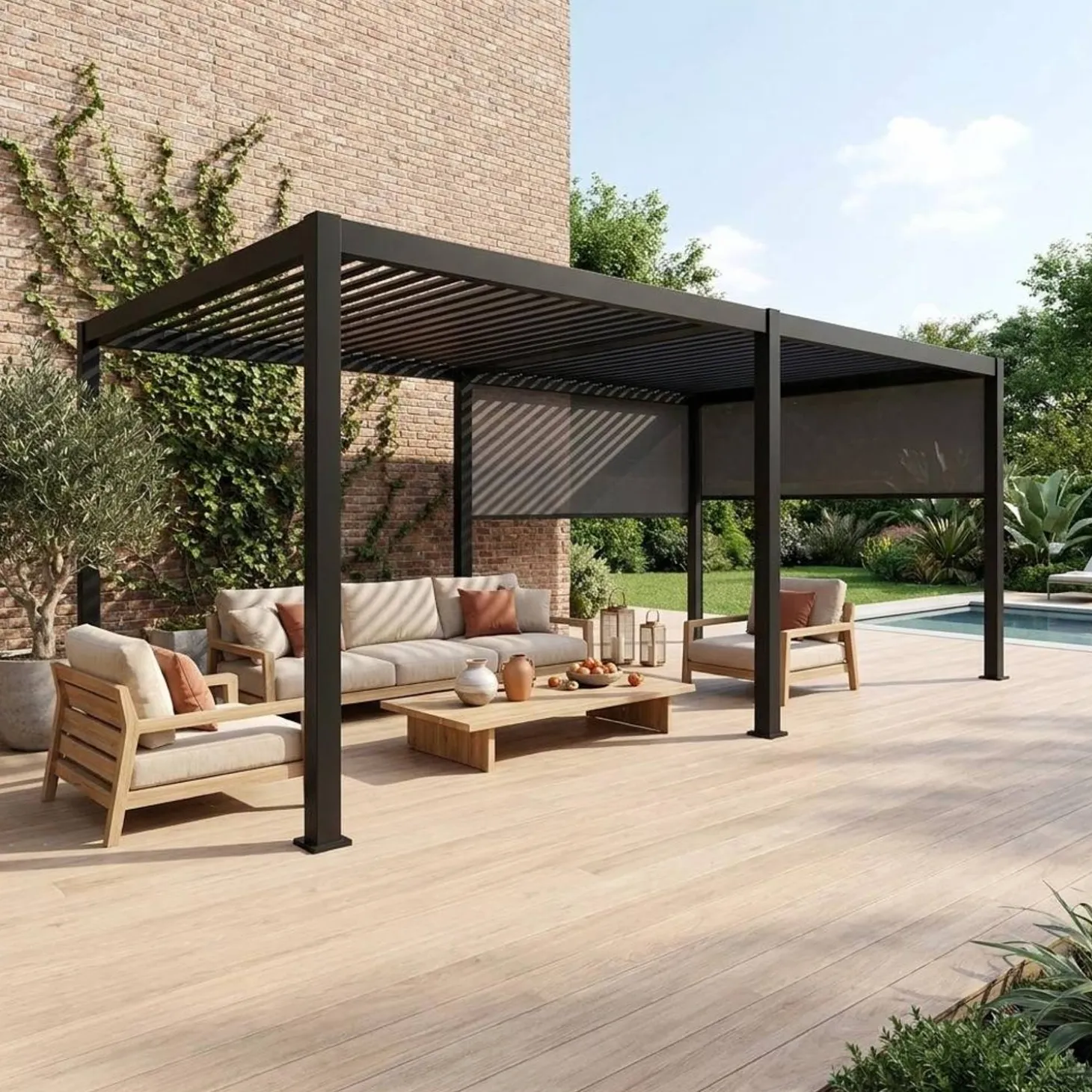 Pérgola bioclimática em alumínio 3x6m + 2 estores 3m
