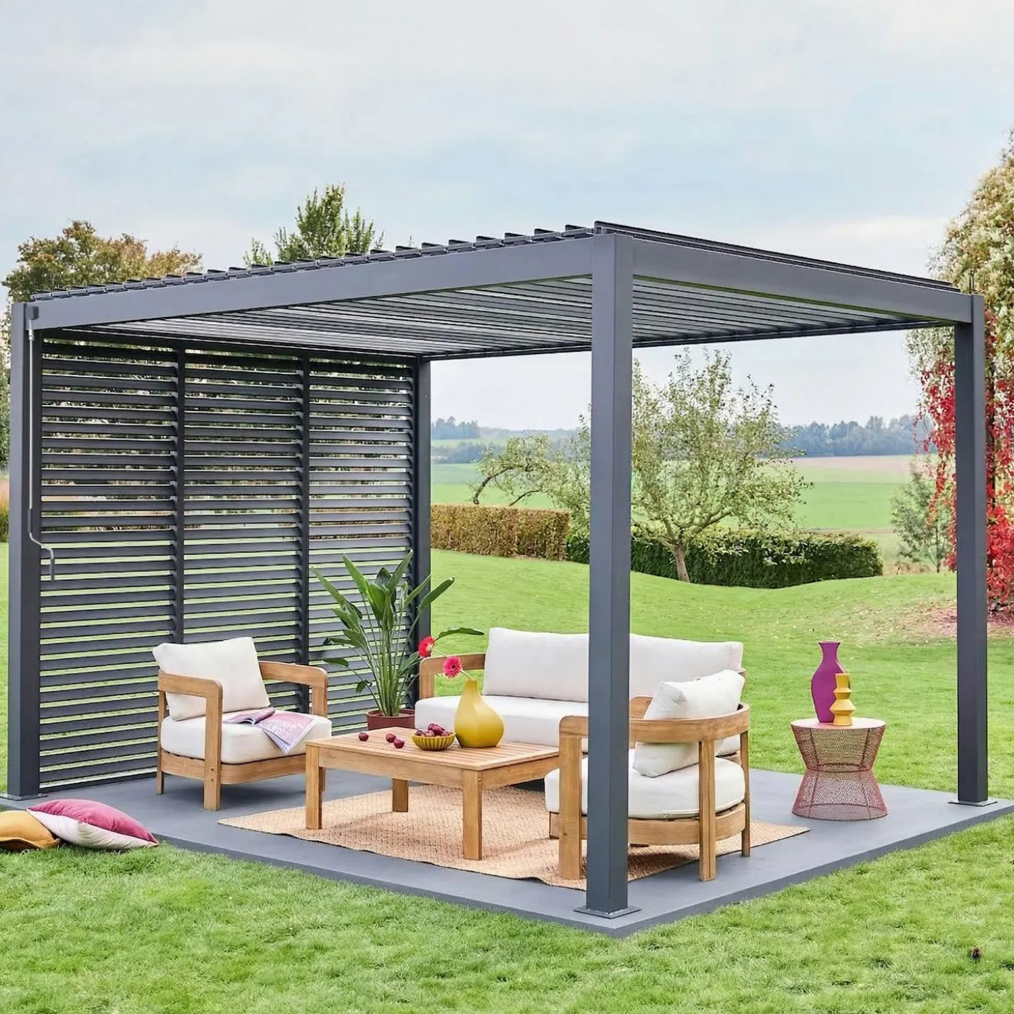 Pérgola bioclimática em alumínio 3x4m + 3 persianas de 100cm