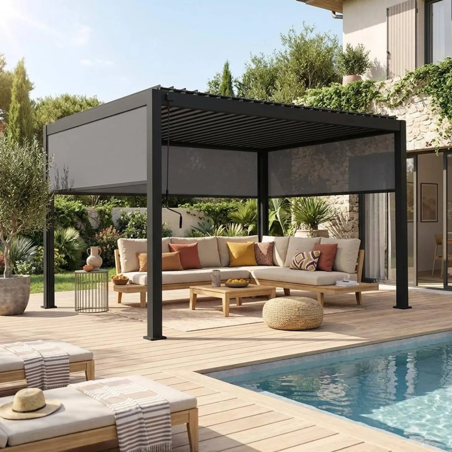 Pérgola bioclimática em alumínio 3x4m com 2 estores de 3m + 1 estore de 4m